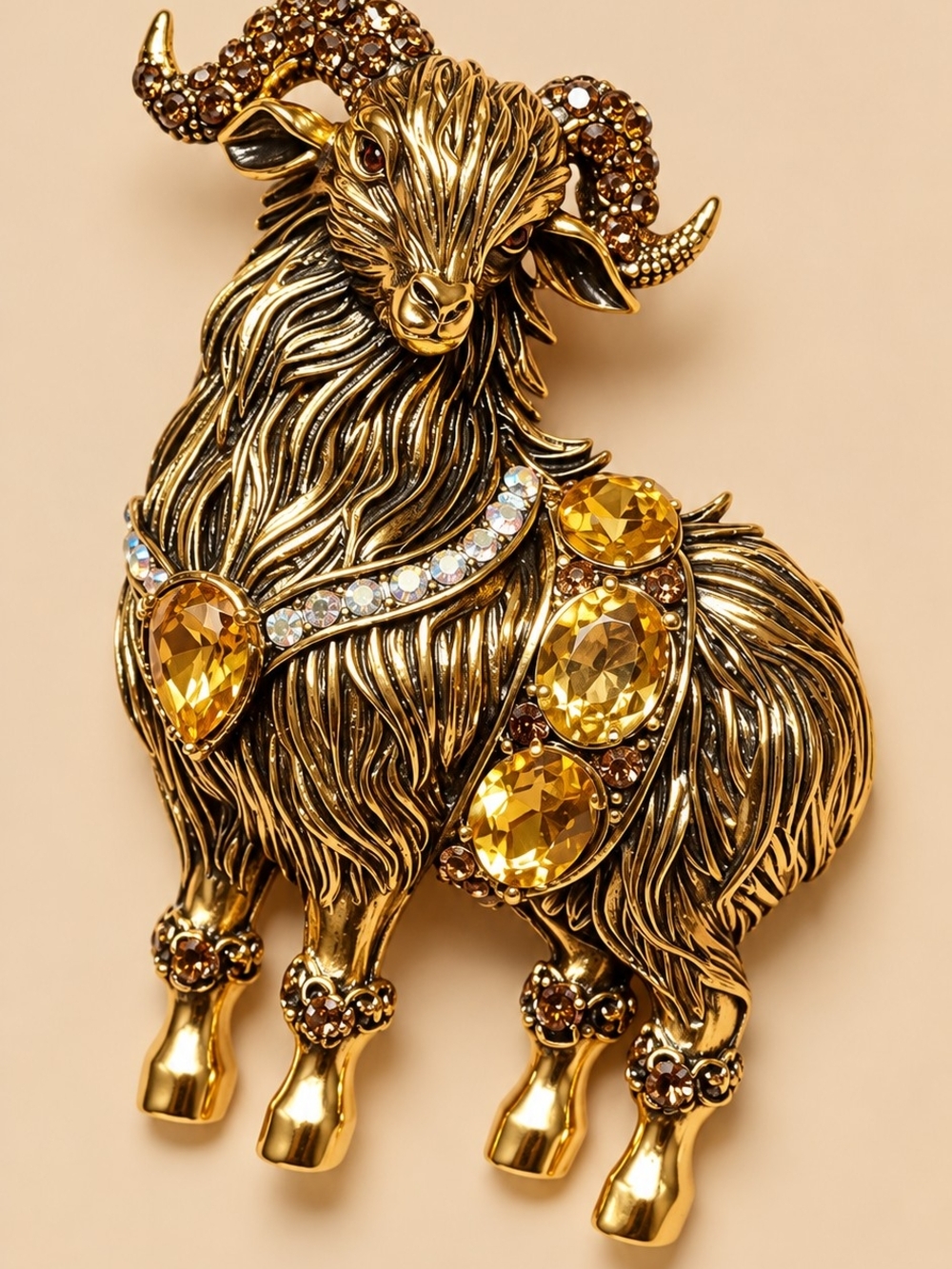 Gold-tone Ram Accent Sculpture with Amber Stones